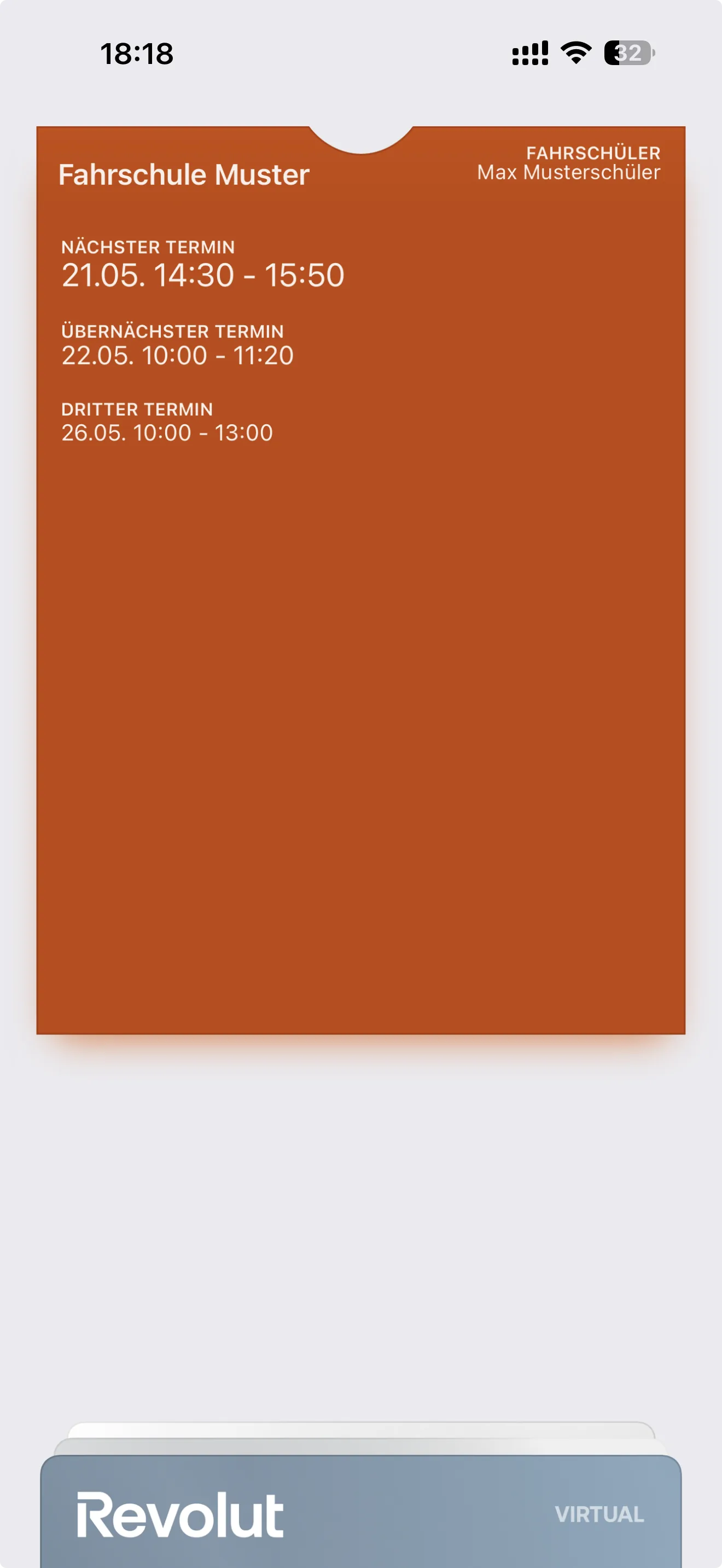 Apple Wallet Pass mit den nächsten drei Fahrschulterminen